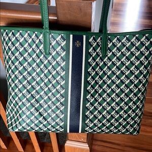 Tory Burch Green and Black Geometric Tote